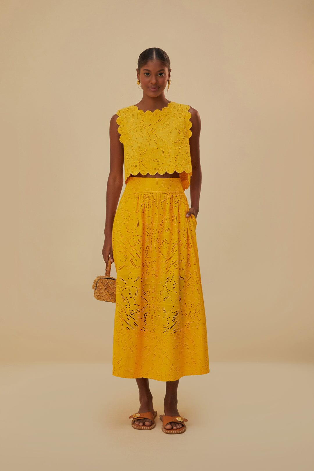 Yellow Monstera Eyelet Crop Top | FarmRio (US)