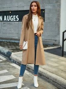 Double Button Belted Lapel Collar Trench Coat | SHEIN