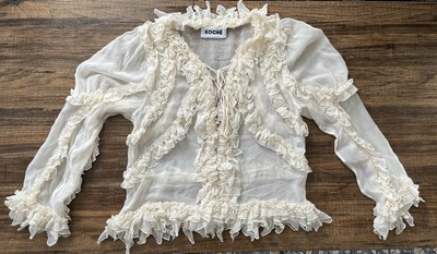 KOCHE SILK Top Cream-Ivory Color Long Sleeve Sheer Ruffle Women Sz 36 Minor Flaw | eBay US
