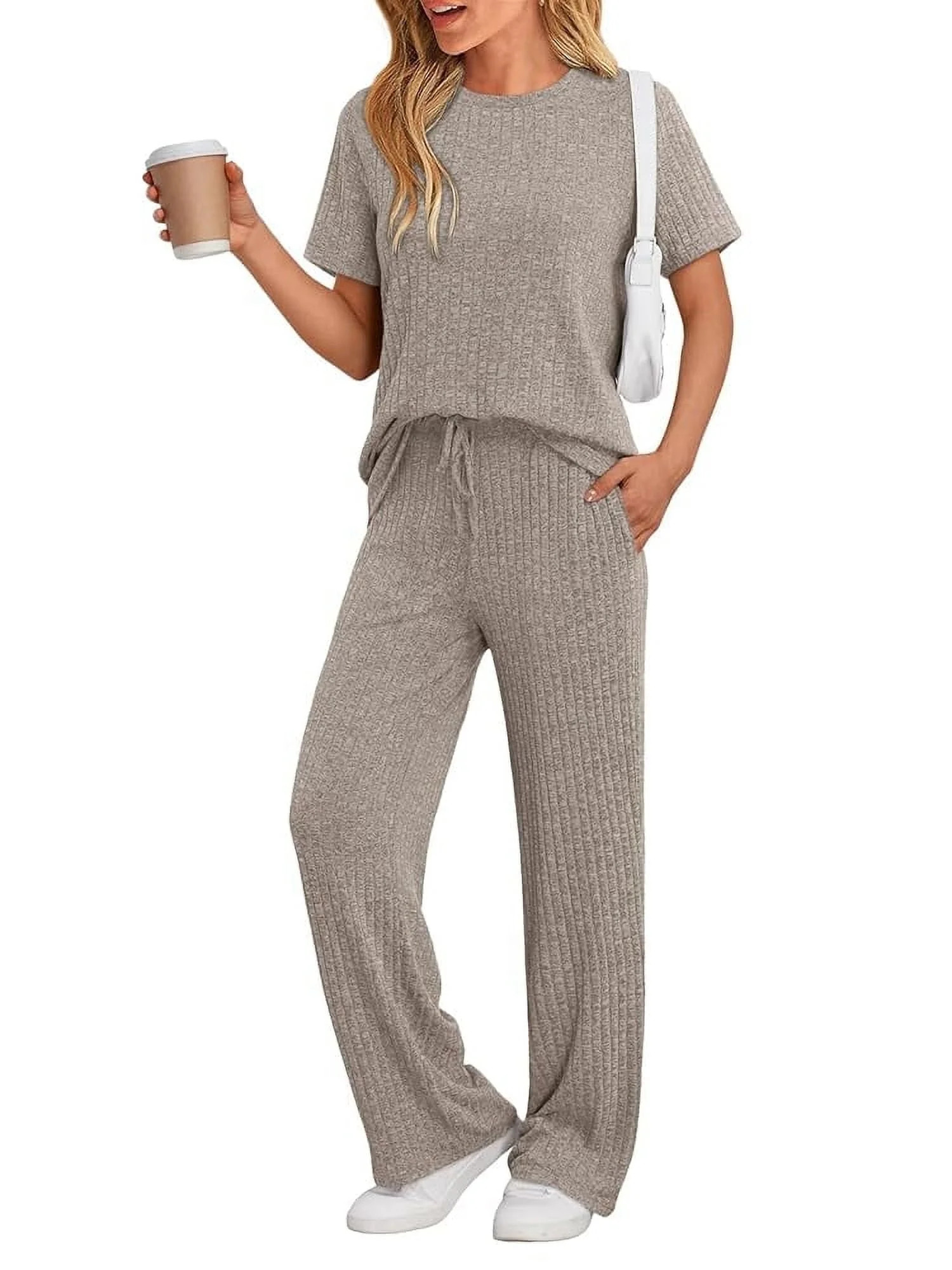 SUNBS Two Piece Lounge Sets for Women Summer Matching 2 Piece Outfits Ribbed Knit Pajamas Set Wid... | Walmart (US)
