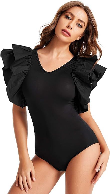 Romwe Women's V Neck Ruffle Mesh Sleeve Stretchy Party Romper Bodysuit | Amazon (US)