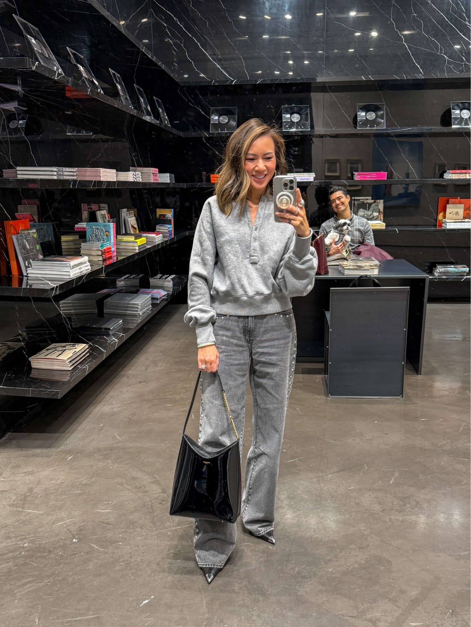 Shopping outfit at Saint Laurent 🩶 Love this patent leather bag from Saint Laurent. Also comes in a gorgeous wine color. Would make a beautiful luxe gift for her. 

Fall outfit, fall fashion, grey outfit, monochromatic outfit, sweatshirt, studded jeans, jeans, designer purse, designer bag, gift guide, gift ideas for her, The Stylizt 



#LTKStyleTip #LTKGiftGuide #LTKItBag