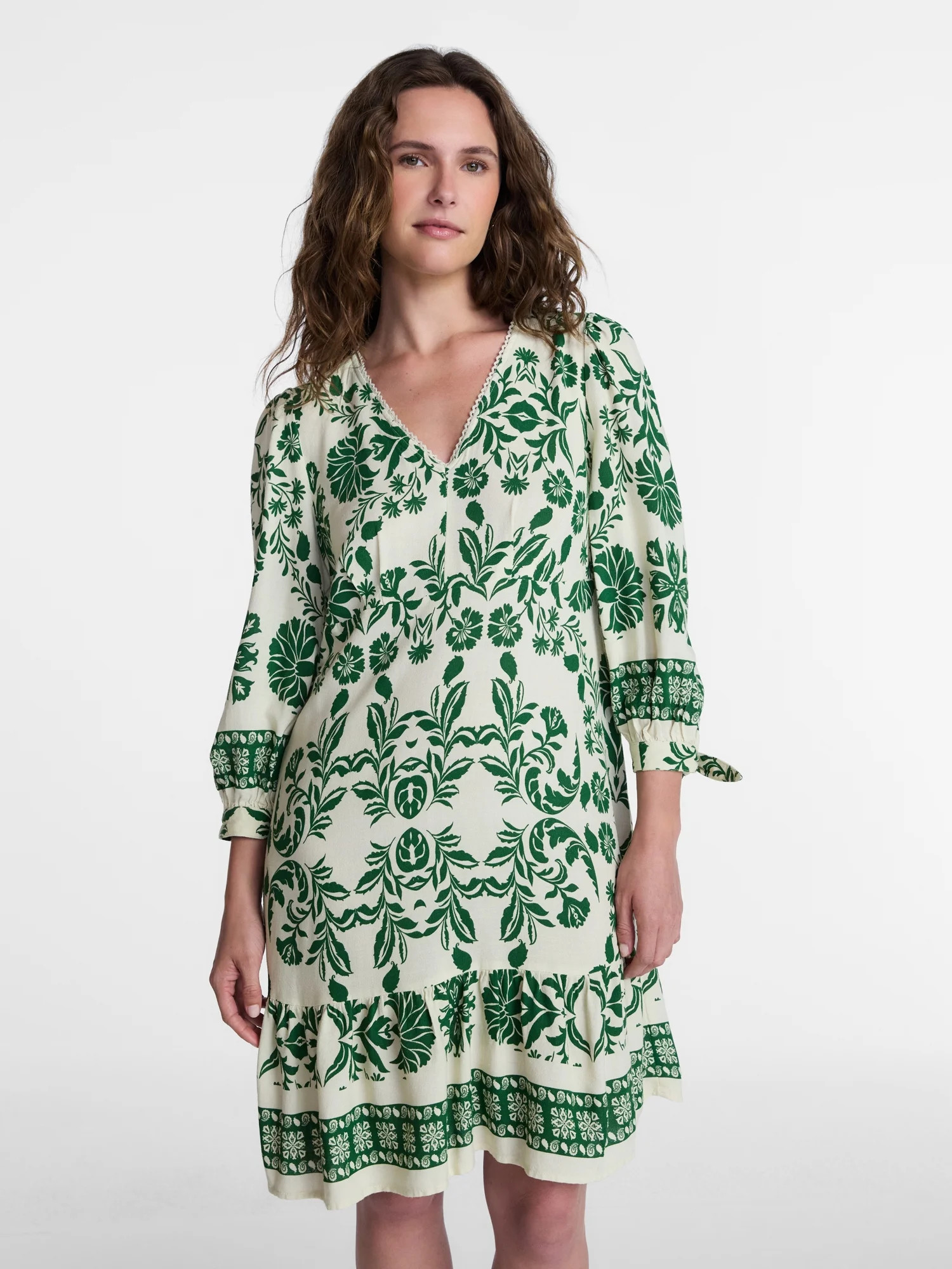 Time and Tru Women's Linen-Blend Border Print Mini Dress, Sizes XS-XXXL | Walmart (US)