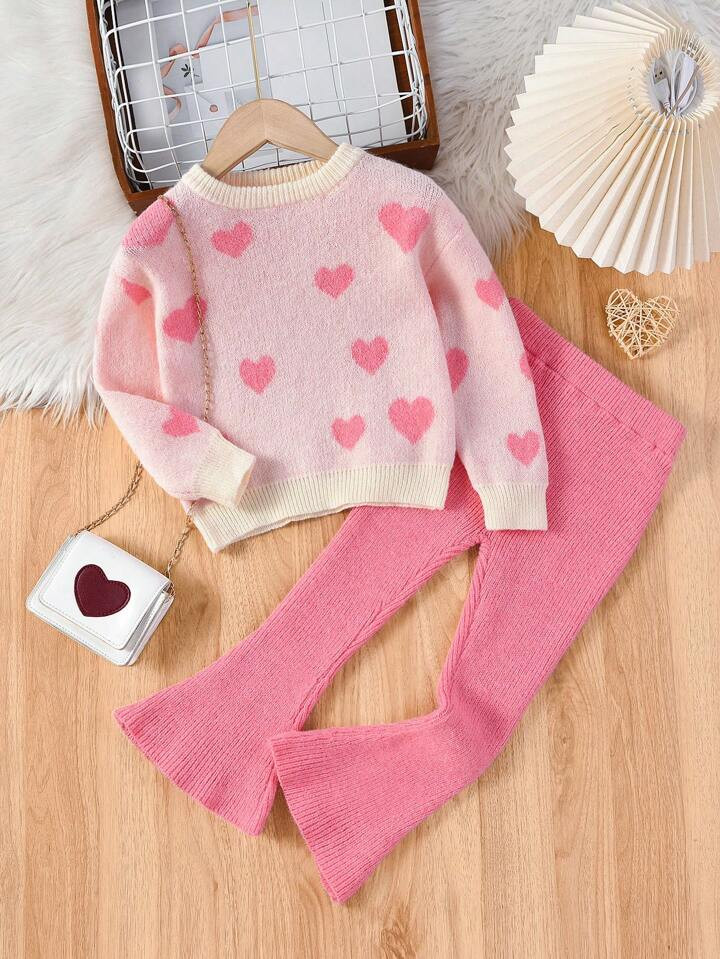 Young Girl Heart Pattern Sweater & Flare Leg Knit Pants | SHEIN