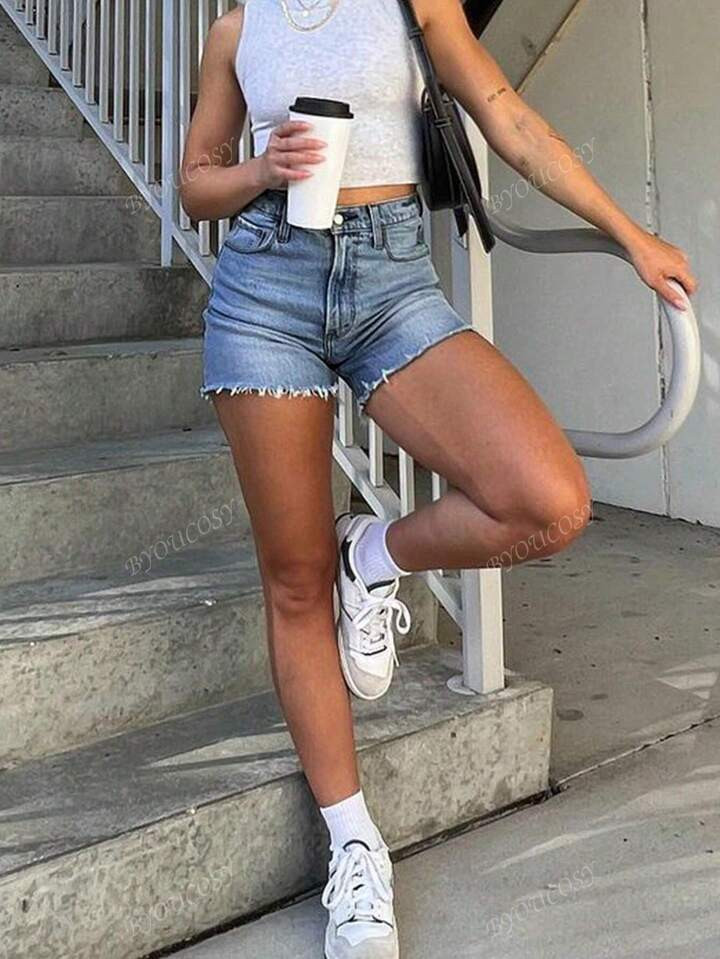 Damen Lässige, Weite Gerade Denim Bermuda Shorts | SHEIN