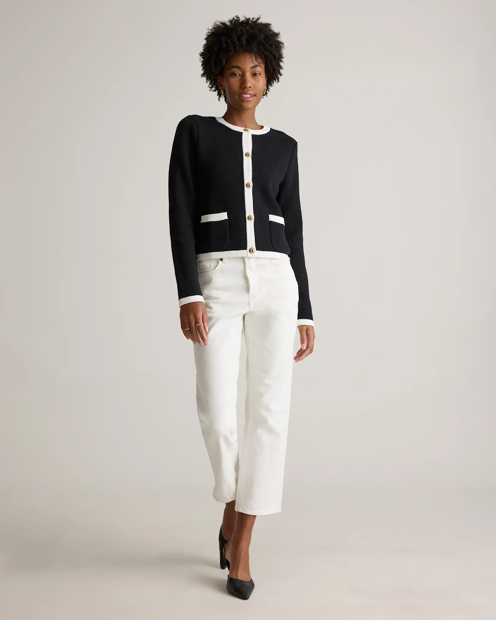 100% Organic Cotton Sweater Jacket in Black/ivory Colorblock | Quince