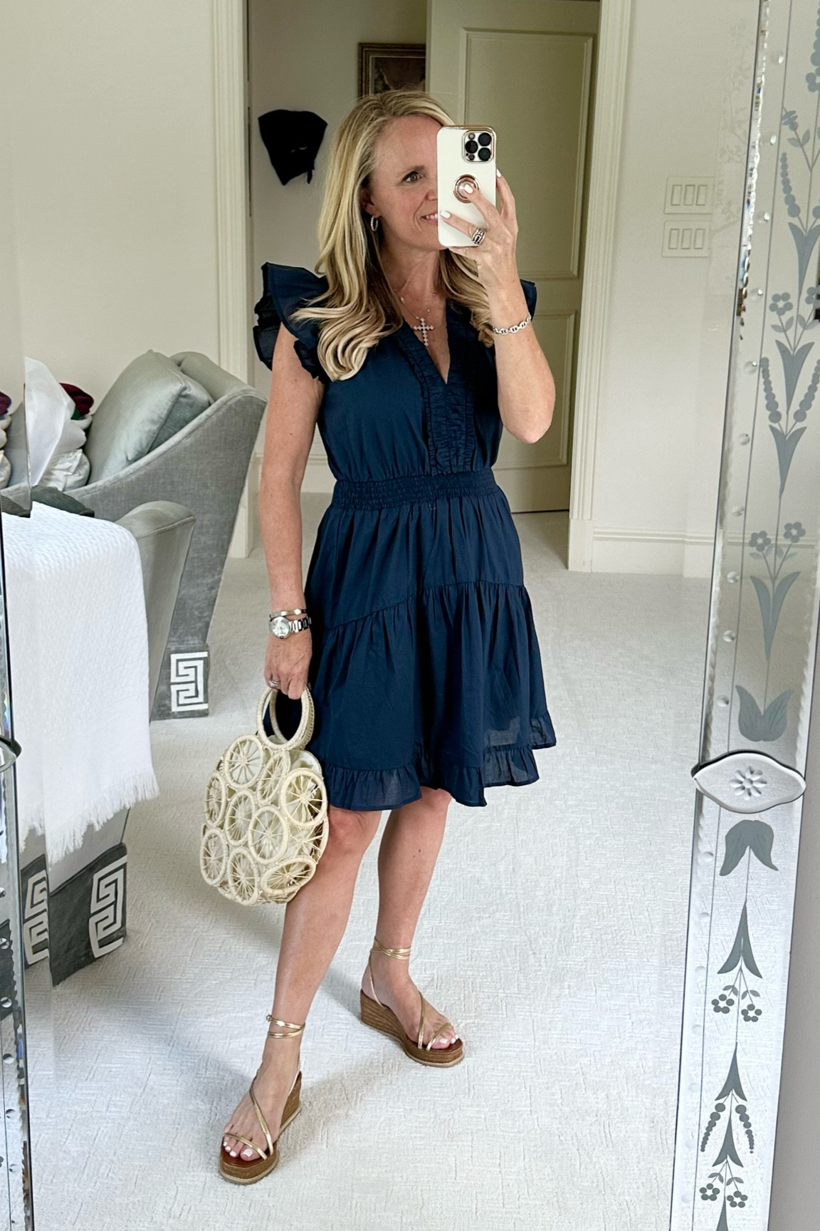 Gorgeous, navy dress with ruffle sleeve and ruching detail
Fits true to size 
Raffia handbag 
Perfect for Fourth of July outfit 
July 4 dress 


#LTKSeasonal #LTKstyletip #LTKFind