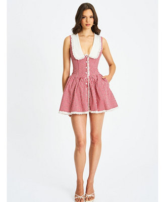 Women's Nala Red Gingham Eyelet Lace Trim Peterpan Collar Mini Dress | Macy's