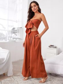 SHEIN VCAY Tie Front Tube Top & Pleated Wide Leg Pants Set SKU: swtwop07200707513(1000+ Reviews)$... | SHEIN