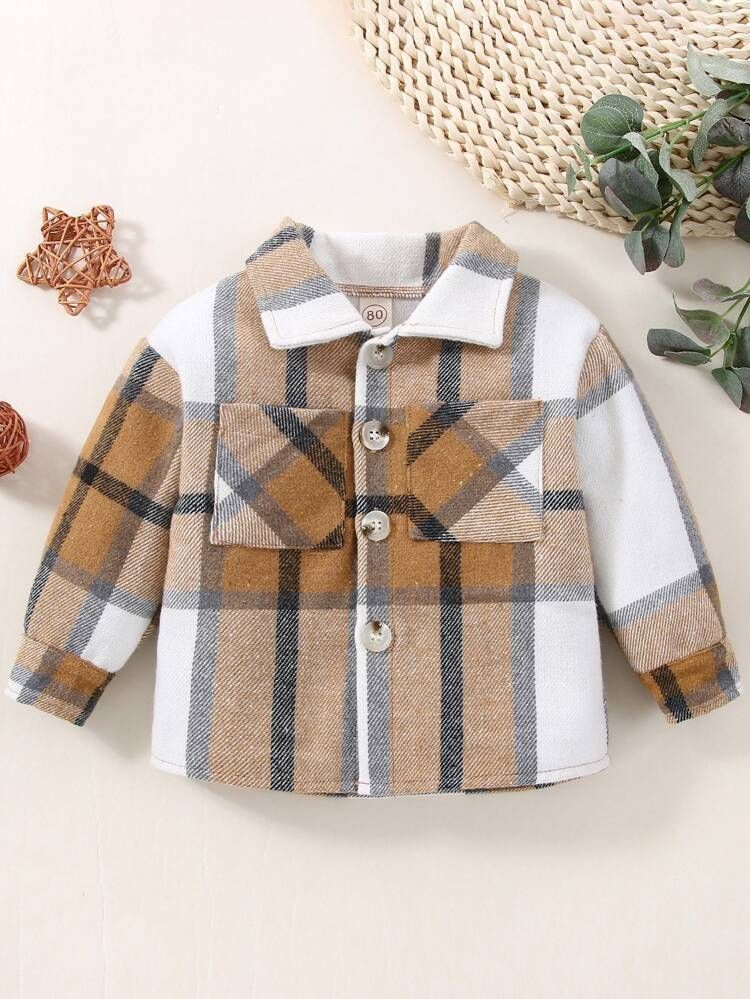 Baby Plaid Print Pocket Patched Overcoat | SHEIN
