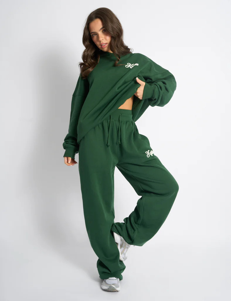 Kaiia Snowflake Logo Ribbed Waistband Wide Leg Joggers Forest Green | Public Desire