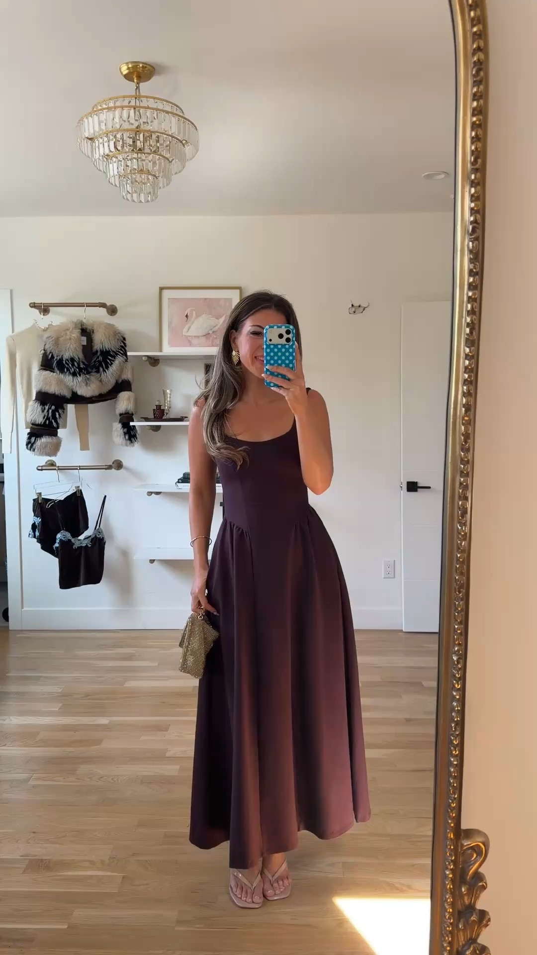brown sleeveless maxi with a scoop neckline, fitted bodice, and full skirt wedding guest dress for fall and winter 🍂 

I'm 5'4 wearing my usual size small/2

Fall wedding guest dresses, wedding guest dresses, cocktail dresses, semi-formal dresses, black tie wedding guest dresses, destination wedding guest dresses, garden party dresses, wedding guest outfit ideas
