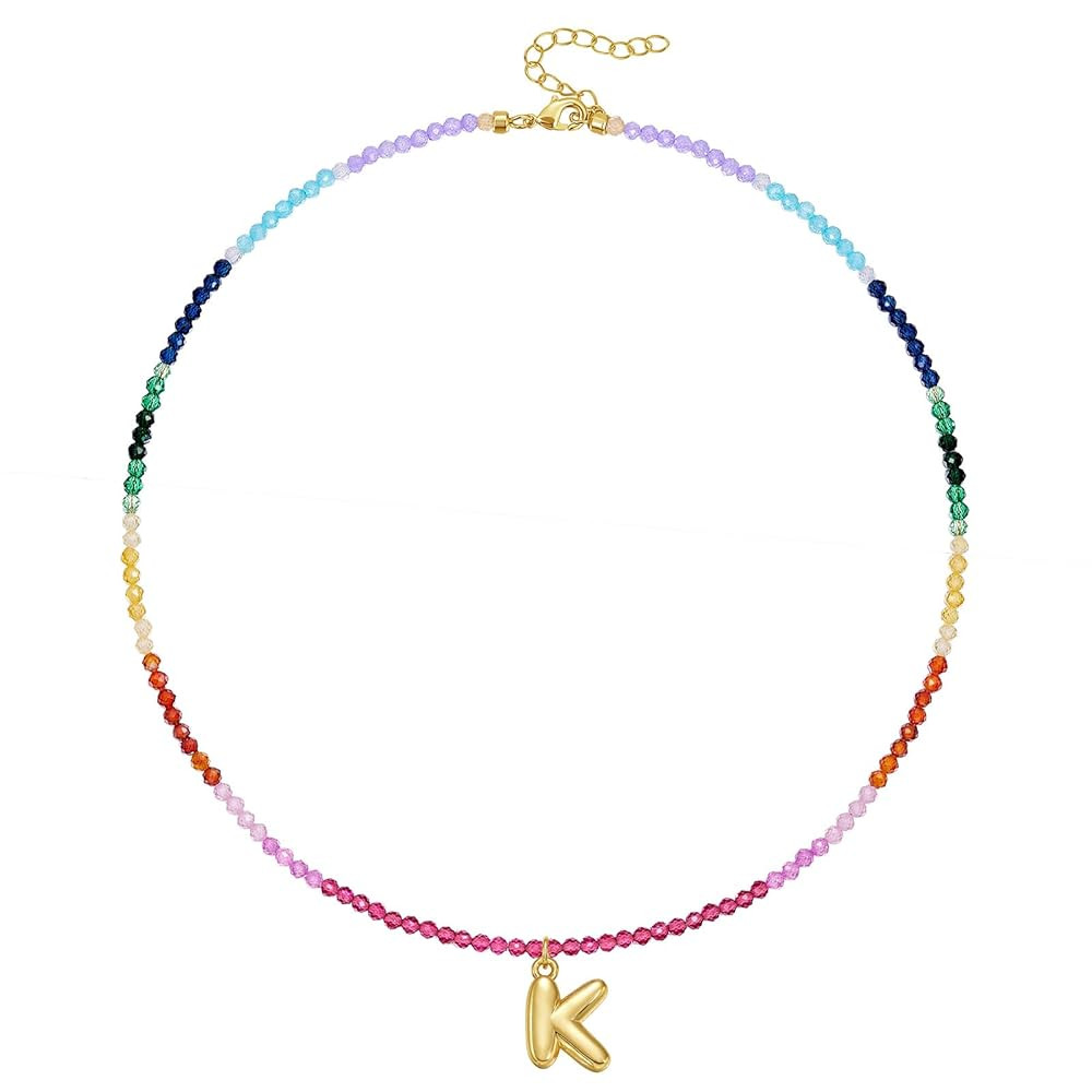 KissYan Beaded Initial Necklace for Women, 14K Gold Plated Bubble Letter Pendant Rainbow Gemstone... | Amazon (US)