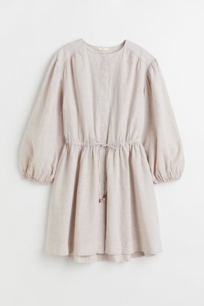 Short dress in a woven linen and cotton blend. Round neckline, concealed button placket, and yoke... | H&M (US)