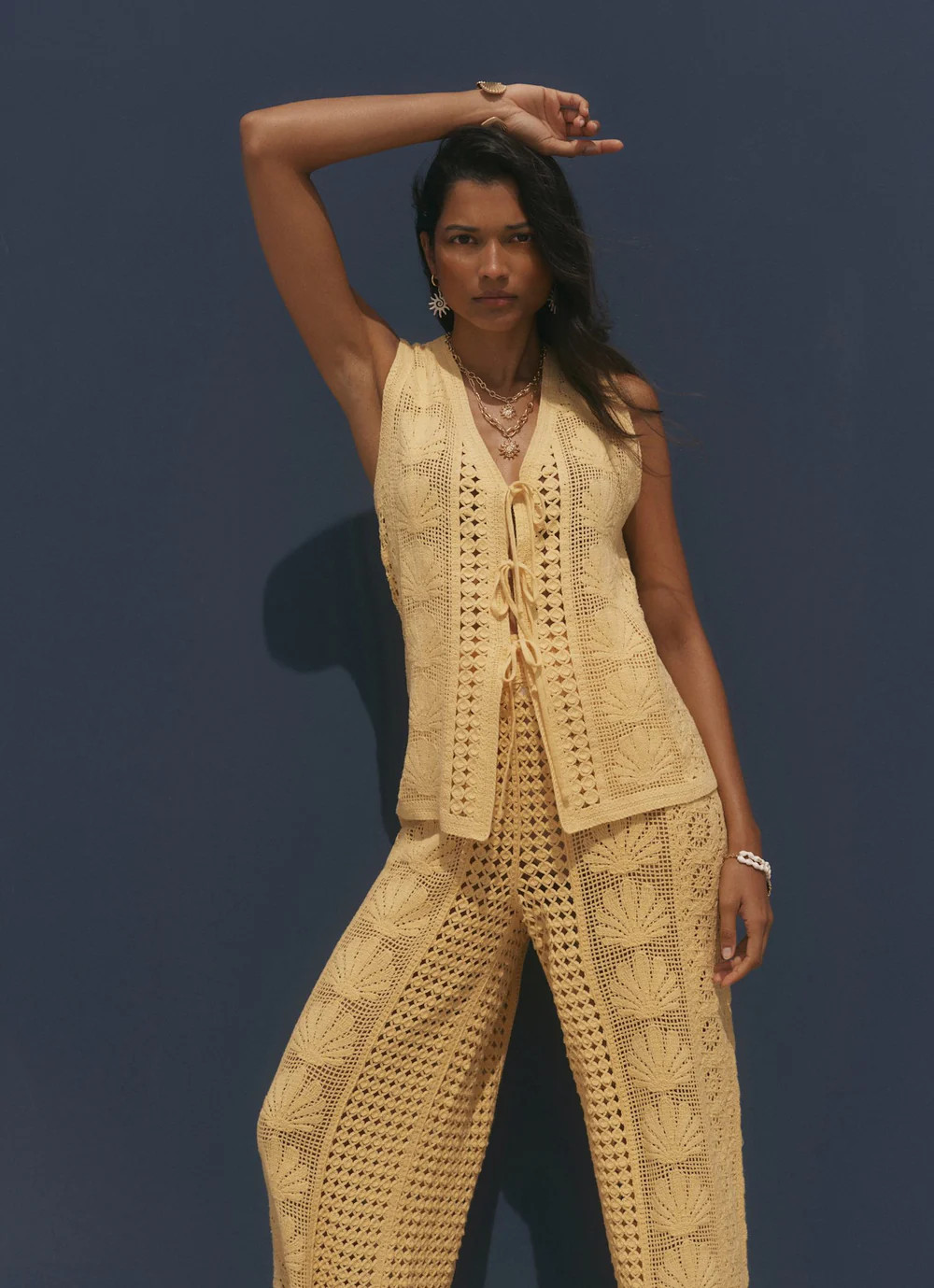 Yellow Crochet Shell Tie Front Top | Mint Velvet