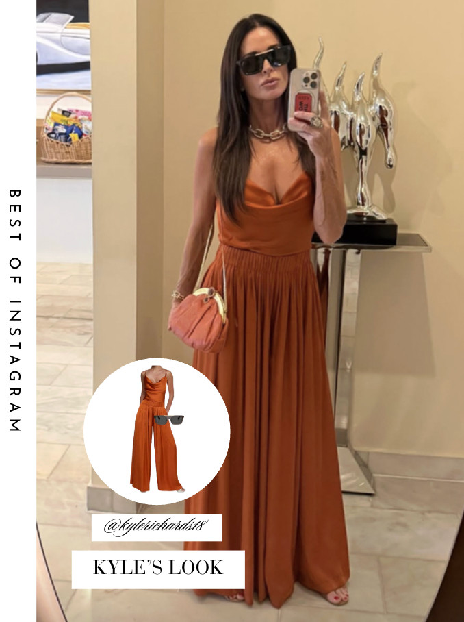 Kyle Richards' Burnt Orange Satin Tank Top and Wide Leg Pants 📸= @kylerichards18 

 