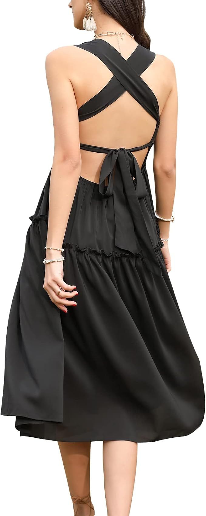 EXLURA Women's Criss Cross Tie Back Square Neck Smocked Midi Dress Tiered Backless Sleeveless Str... | Amazon (US)