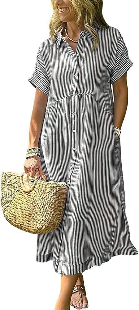 Women Summer Striped Shirt Dress Casual Loose Button Up Short Sleeve Midi Long Dress with Pockets | Amazon (US)