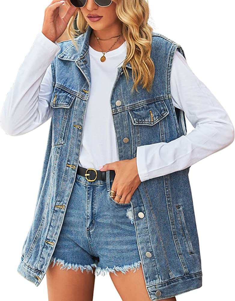 Omoone Women's Button Up Mid Long Ripped Denim Jean Vest Waistcoat | Amazon (US)