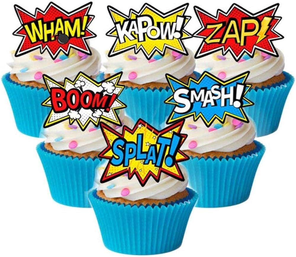 36X Precut Edible Wafer Paper SUPER HERO WORDS Action Cupcake Topper Cake Topper | Amazon (US)