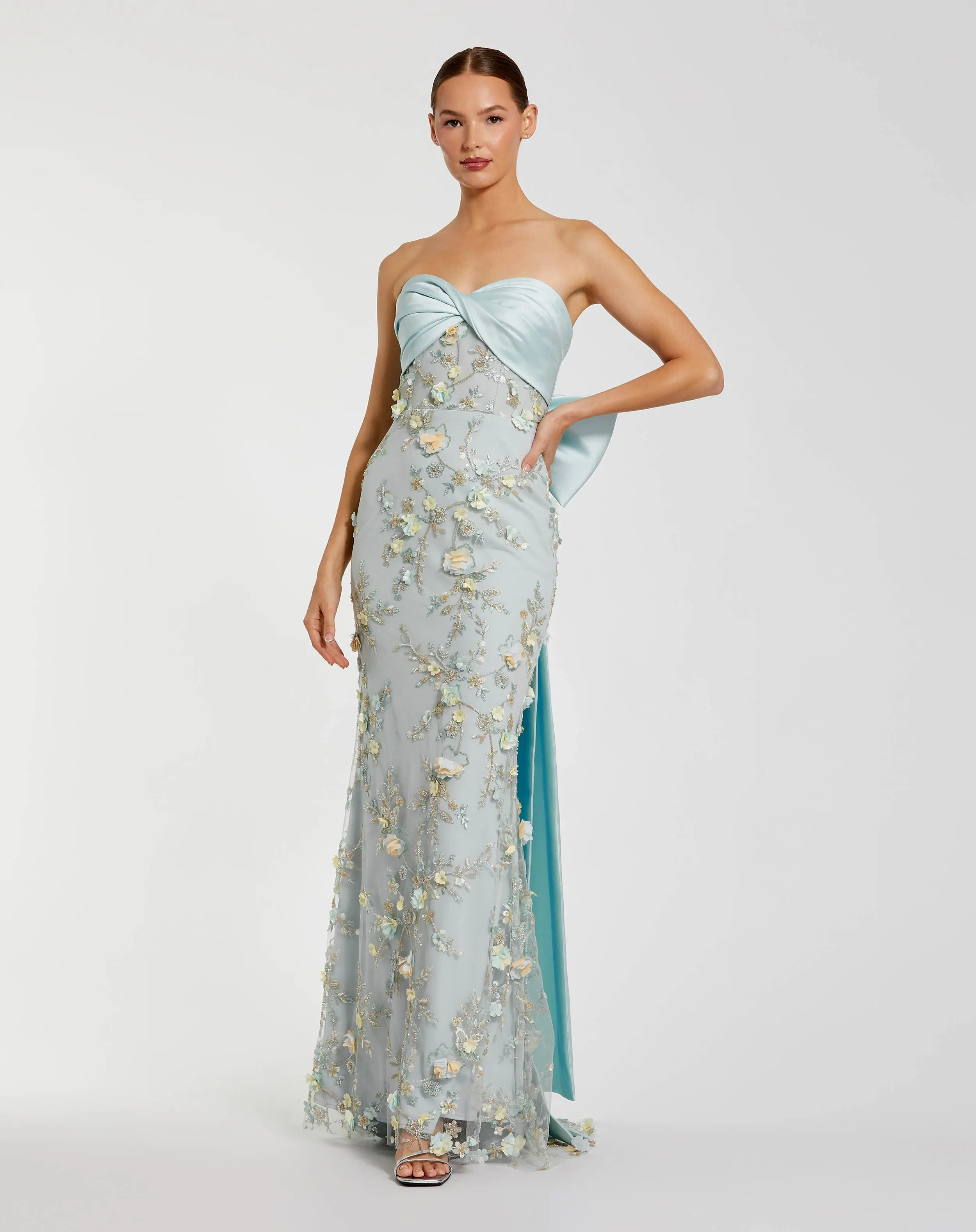 Blue Strapless Sweetheart Embellished Gown With Bow | Mac Duggal | Mac Duggal