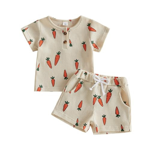 TUSFTAY Baby Boy Easter Outfit Cute Infant Boys Short Sleeve Carrot Print Tee Shirt Tops with Shorts 2 Piece Clothes (Khaki, 2-3T) | Amazon (US)