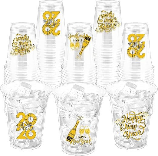 100 Pcs 2026 Happy New Year Plastic Party Cups, 12oz Disposable Clear Cups for New Year Eve Party... | Amazon (US)