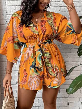 SHEIN VCAY Plus Tropical Print Belted Romper | SHEIN