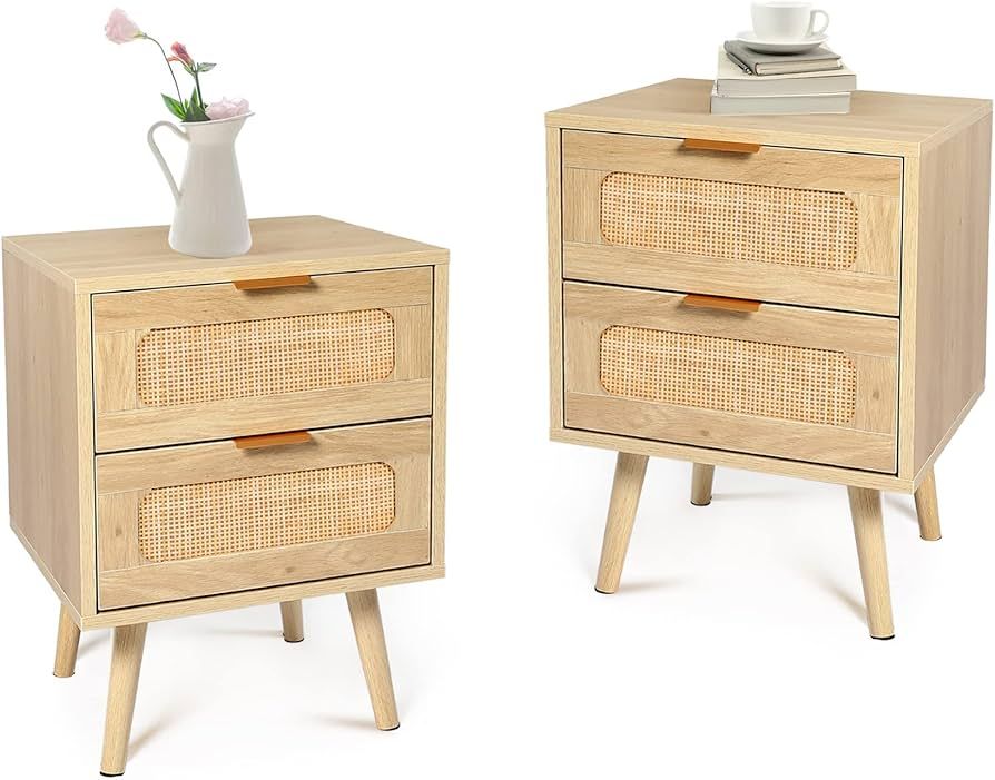 HOPUBUY Nightstands Set of 2 with Rattan Drawer, Modern Night Stand for Bedrooms, Wooden 2 Drawer... | Amazon (US)