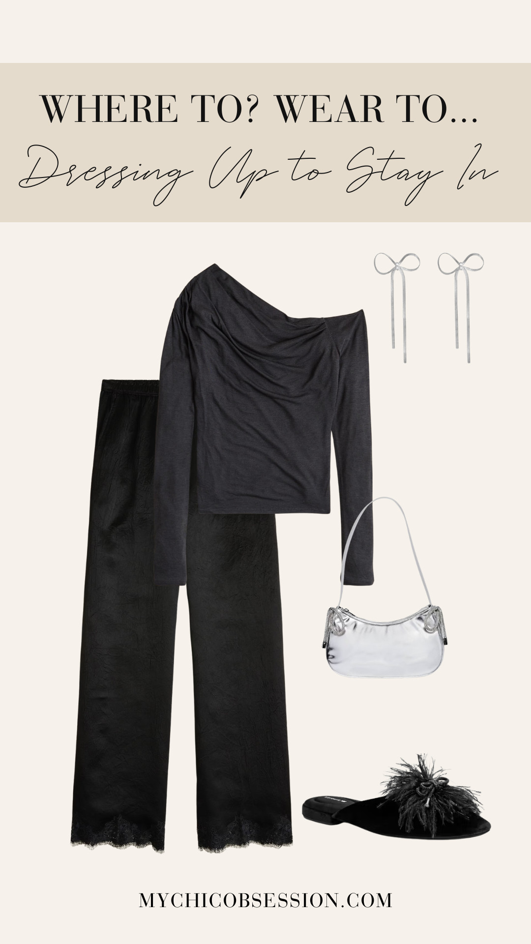 Style a NYE outfit with an off-the-shoulder top from J.Crew. Pair it with J.Crew satin pants with a lace trim, a feather detail pair of mules from Birdies, a silver bag, and silver bow earrings. Perfect for a New Years Eve outfit to dress up to stay in! 

 #LTKHoliday #LTKSeasonal #LTKParties
