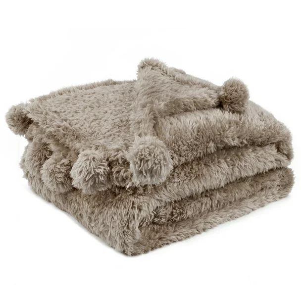 PAVILIA Tan Taupe Sherpa Throw Blanket for Couch, Pom Pom | Fluffy Plush Soft Blanket for Sofa Be... | Walmart (US)