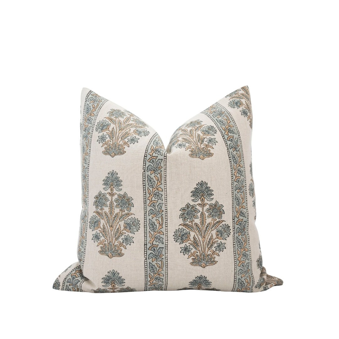 AANYA || Muted Blue Floral Pillow Cover Blue Block Print Pillow Farmhouse Pillow Blue Grey Floral... | Etsy (US)