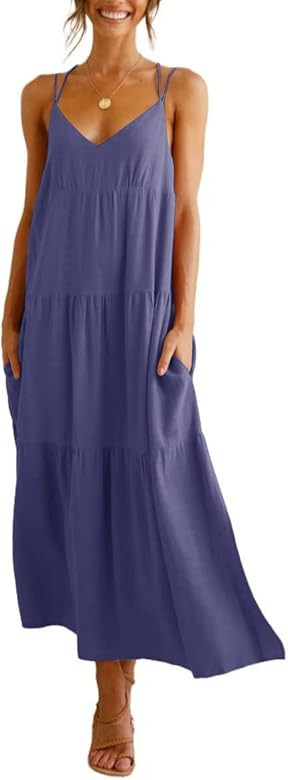 Febriajuce Women’s Summer Maxi Dress Casaul Spaghetti Straps Solid V-Neck Backless Cami Dresses... | Amazon (US)
