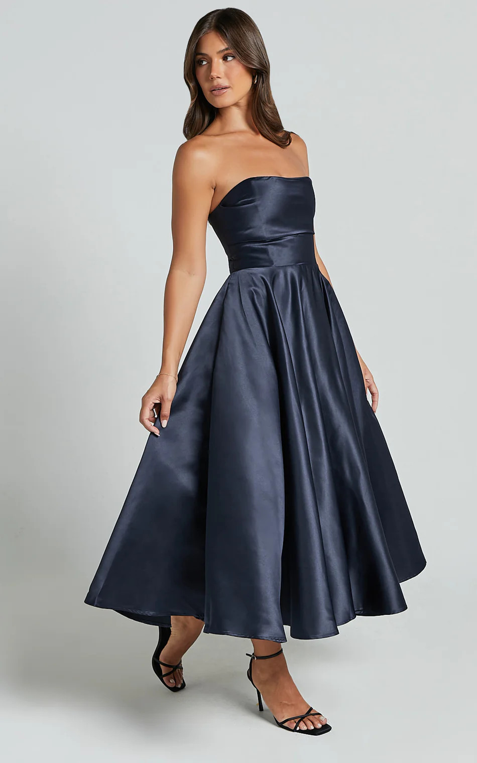 Helaina Midi Dress - Strapless A-Line Satin Dress in Navy | Showpo (US, UK & Europe)
