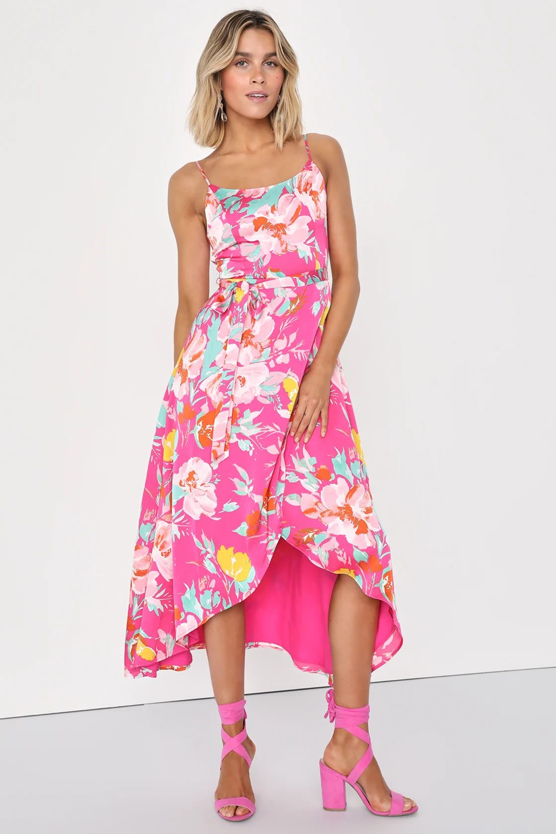 Sensational Destiny Pink Floral Print Faux-Wrap High-Low Dress | Lulus (US)