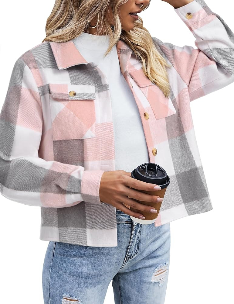 Zeagoo Flannels for Women Cropped Shacket Jacket Fashion Plaid Button Down Shirt 2024 Fall Coat T... | Amazon (US)