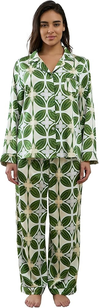 Womens Silk Satin Pajamas Set Button Down 2 Piece Pjs Long Sleeve Oversized Sleepwear with Pocket... | Amazon (US)
