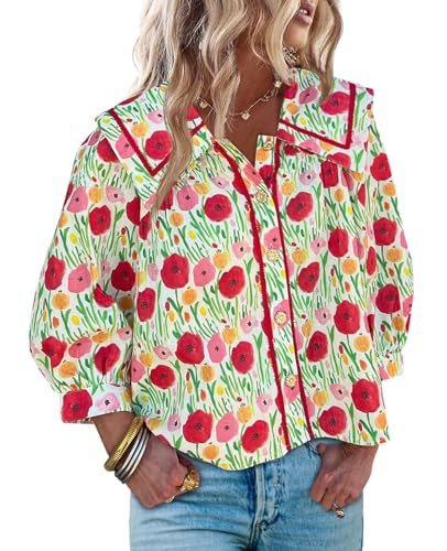 Cicy Bell Womens Floral Button Down Shirts Trendy Casual 3/4 Lantern Sleeve Blouse Square Neck Co... | Amazon (US)