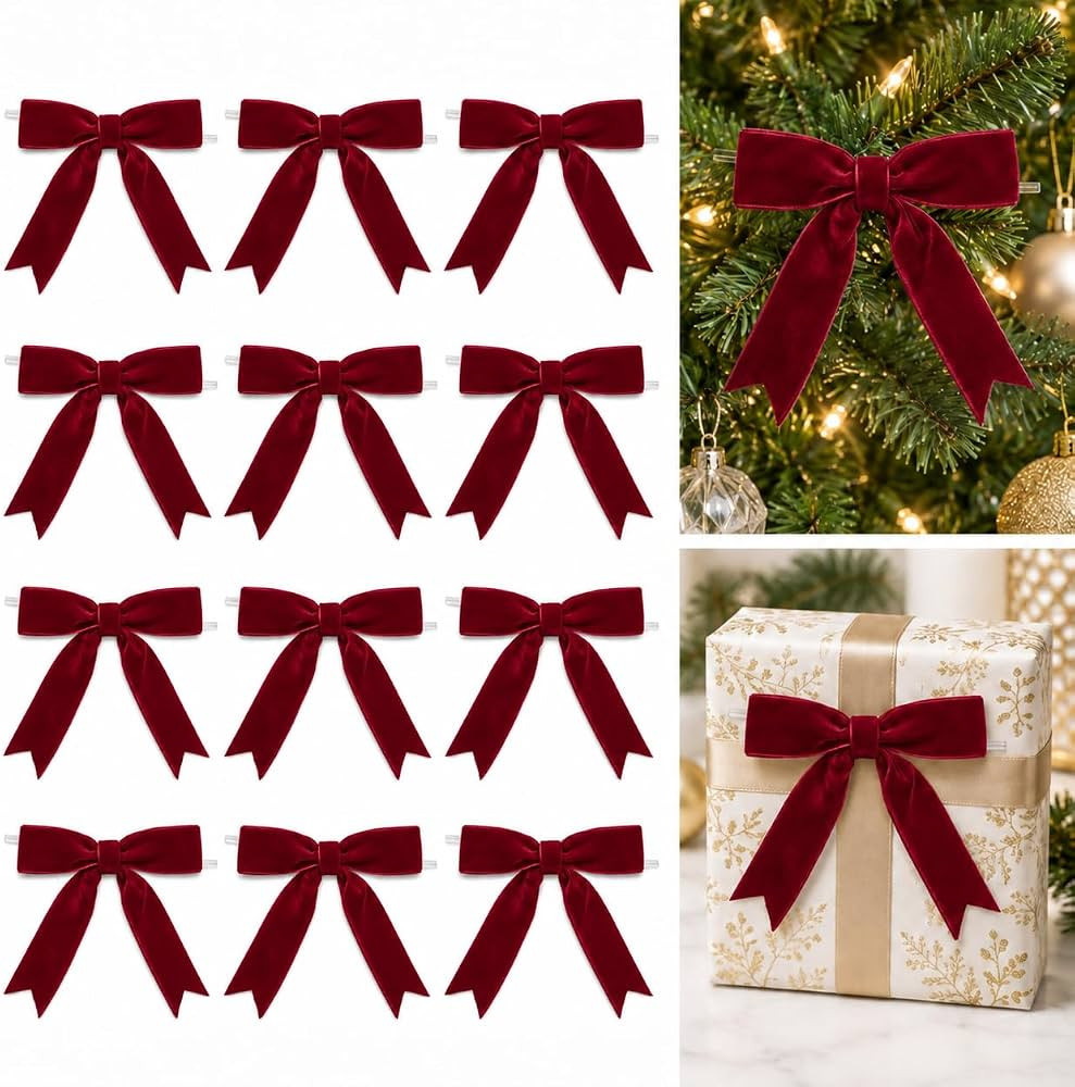 Burgundy Velvet Bows for Gift Wrapping Christmas Decoration, 12Pcs | Amazon (US)