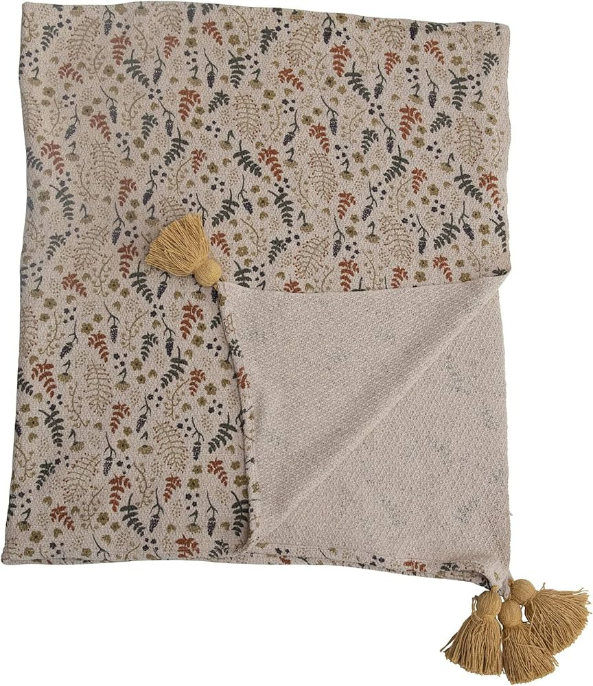 Creative Co-Op Woven Recycled Cotton Blend Printed Blanket with Neutral Floral Pattern and Tassel... | Amazon (US)