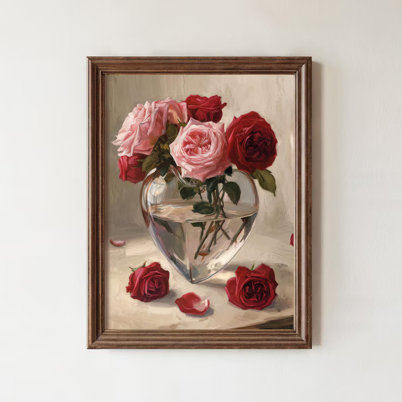 Red&pink Roses Print, Valentines Day Decor, Vintage Romantic Wall Art, Valentines Day Gift, Valen... | Etsy (US)