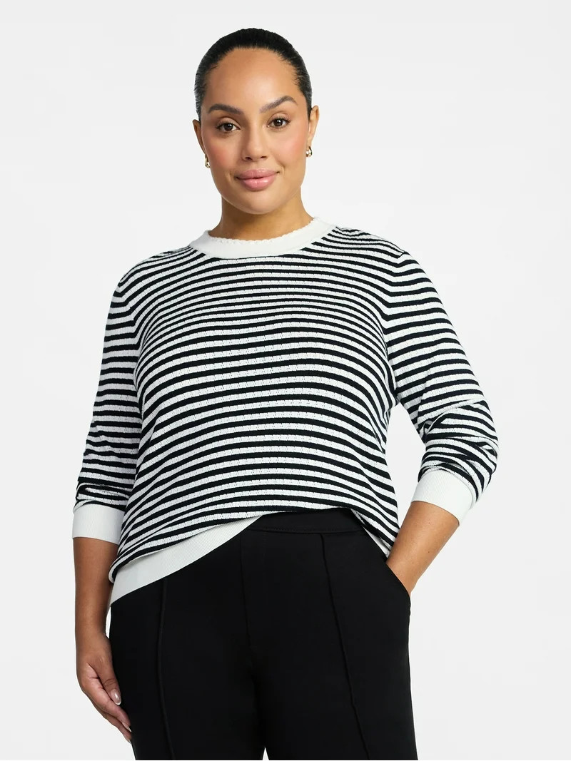 Time and Tru Women's Stripe Pointelle Rib Sweater with Long Sleeves, Lightweight, Sizes XS-XXXL | Walmart (US)