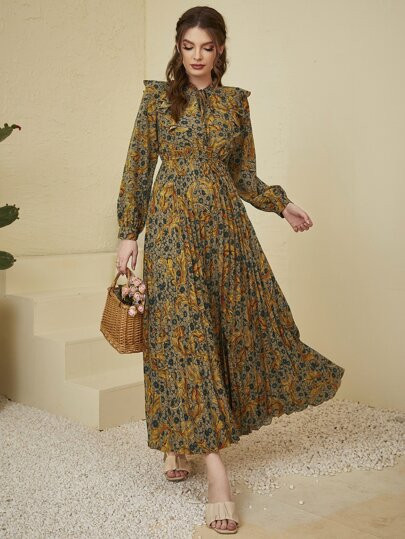 Baroque & Floral Print Tie Neck Ruffle Trim Pleated Dress | SHEIN