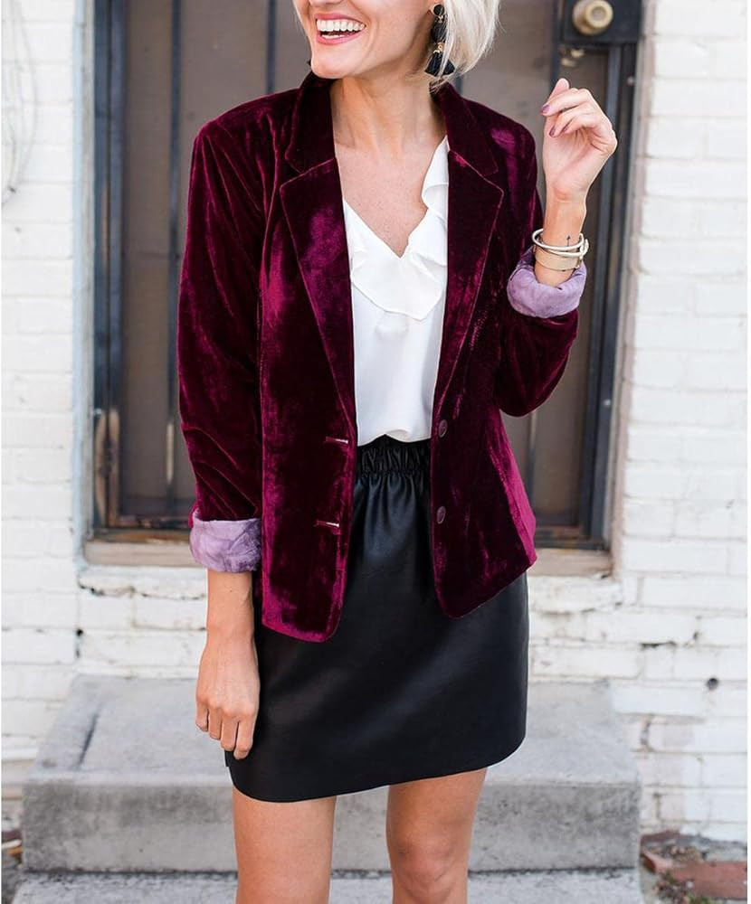 Women's Button Velvet Blazer Coat Slim Fit Casual Lapel Office Jacket Thin Suit… | Amazon (US)