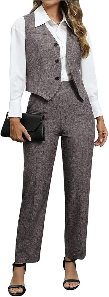 SOLY HUX Women's 2 Piece Outfits V Neck Button Down Sleeveless Blazer Vest and Pants Work Office ... | Amazon (US)
