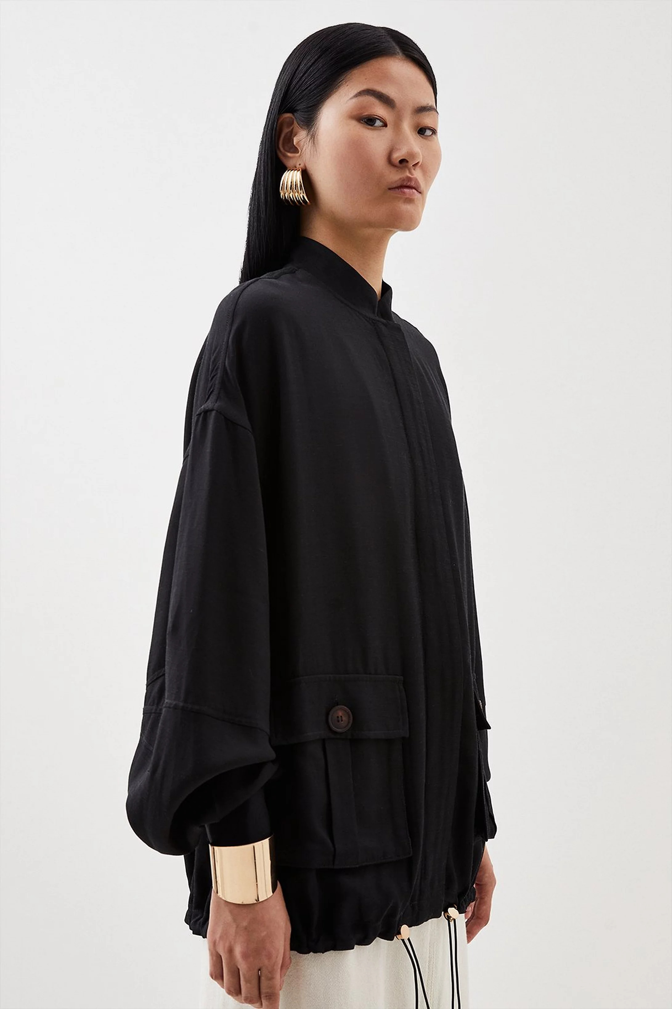 Premium Utility Linen Oversized Bomber Jacket | Karen Millen UK + IE + DE + NL