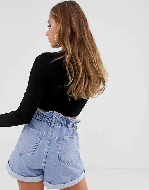 ASOS DESIGN crew neck rib long sleeve super crop t-shirt in black | ASOS US