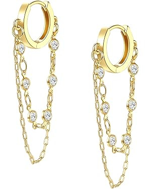 Tassel Chain Small Gold Hoop Dangle Earring For Women Huggie Earring Heart Star CZ 14K Gold Plate... | Amazon (US)