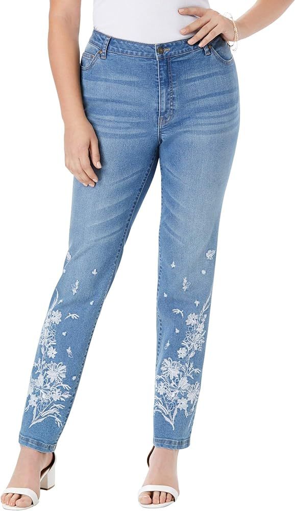 Roamans Women's Plus Size Floral Embroidered Straight-Leg Jean | Amazon (US)