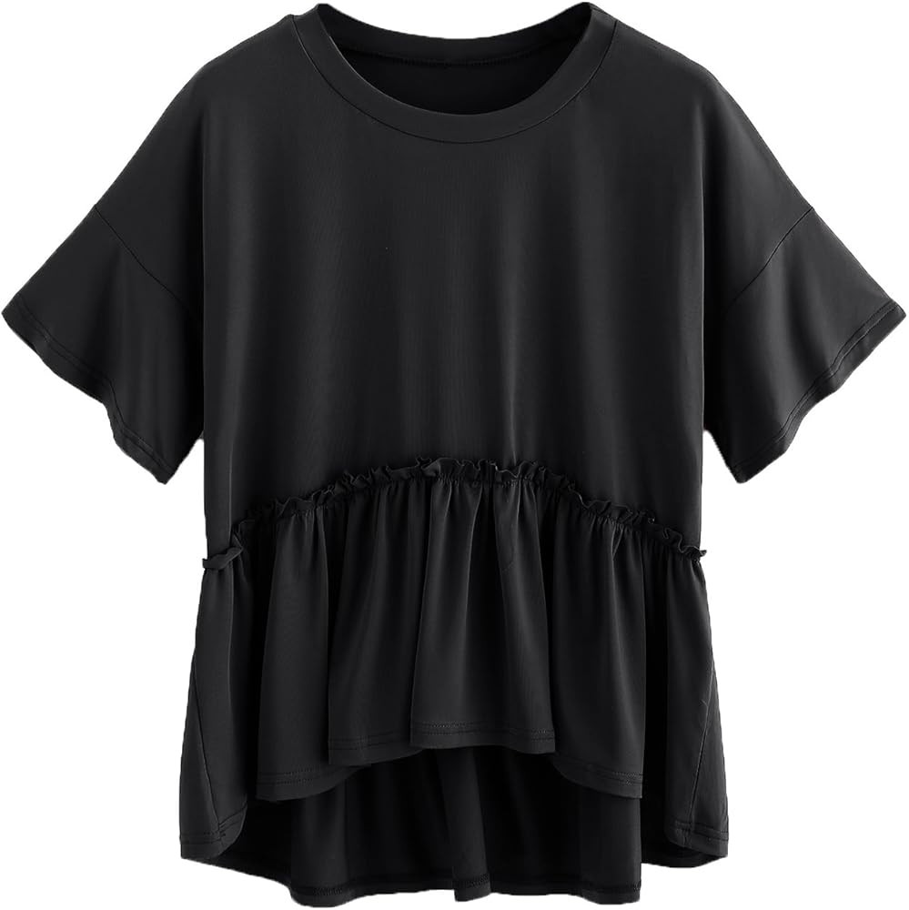 Romwe Women's Loose Ruffle Hem Short Sleeve High Low Peplum Blouse Top | Amazon (US)